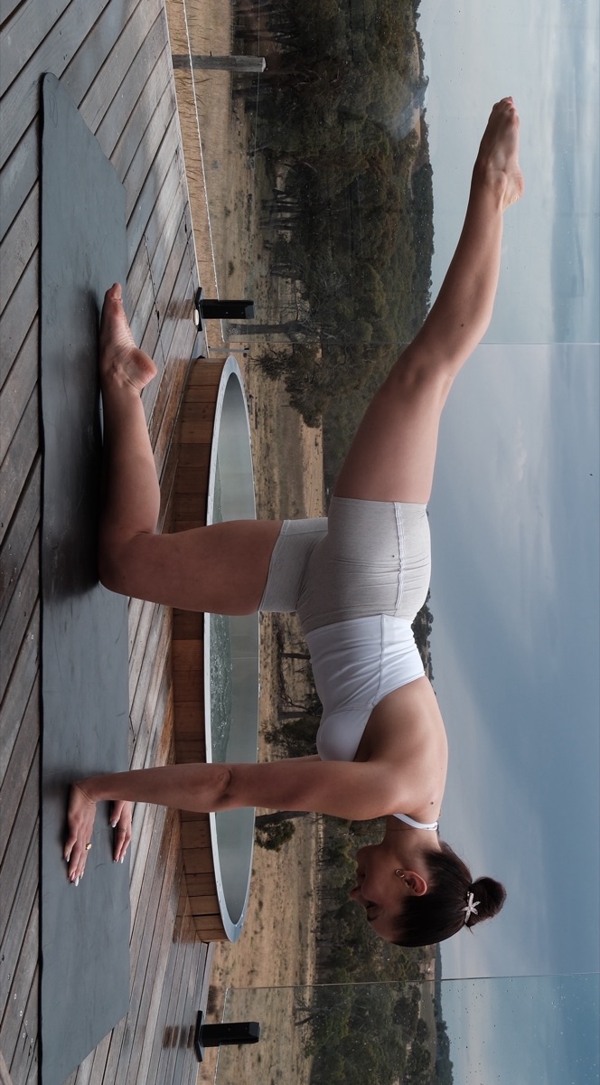 Mon in a bird-dog hold on a timber deck overlooking the hills